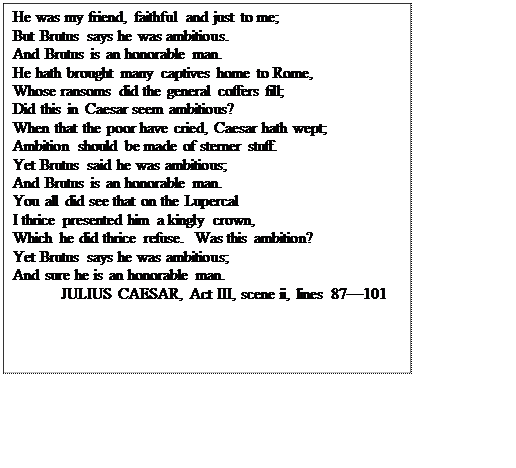 Text Box: He was my friend, faithful and just to me;
But Brutus says he was ambitious.
And Brutus is an honorable man.
He hath brought many captives home to Rome,
Whose ransoms did the general coffers fill;
Did this in Caesar seem ambitious?
When that the poor have cried, Caesar hath wept;
Ambition should be made of sterner stuff.
Yet Brutus said he was ambitious;
And Brutus is an honorable man.
You all did see that on the Lupercal
I thrice presented him a kingly crown,
Which he did thrice refuse.  Was this ambition?
Yet Brutus says he was ambitious;
And sure he is an honorable man.
	JULIUS CAESAR, Act III, scene ii, lines 87—101