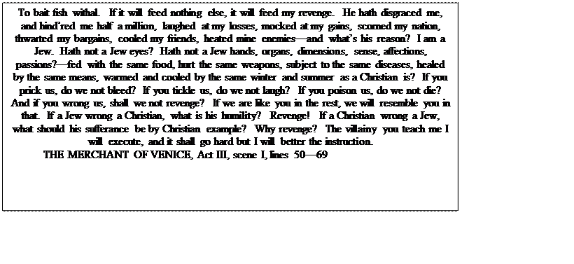 Text Box: To bait fish withal.  If it will feed nothing else, it will feed my revenge.  He hath disgraced me, and hindred me half a million, laughed at my losses, mocked at my gains, scorned my nation, thwarted my bargains, cooled my friends, heated mine enemiesand whats his reason?  I am a Jew.  Hath not a Jew eyes?  Hath not a Jew hands, organs, dimensions, sense, affections, passions?fed with the same food, hurt the same weapons, subject to the same diseases, healed by the same means, warmed and cooled by the same winter and summer as a Christian is?  If you prick us, do we not bleed?  If you tickle us, do we not laugh?  If you poison us, do we not die?  And if you wrong us, shall we not revenge?  If we are like you in the rest, we will resemble you in that.  If a Jew wrong a Christian, what is his humility?  Revenge!  If a Christian wrong a Jew, what should his sufferance be by Christian example?  Why revenge?  The villainy you teach me I will execute, and it shall go hard but I will better the instruction.
	THE MERCHANT OF VENICE, Act III, scene I, lines 5069 

